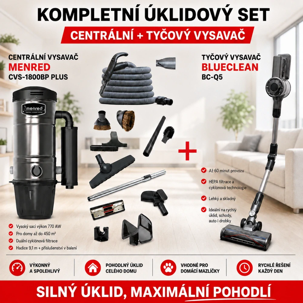 Centrální vysavač MENRED CVS-1800BP s příslušenstvím (10 ks) + aku tyčový vysavač BlueClean BC-Q5