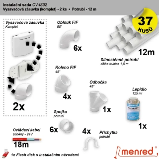 Instalační komplet centrálního vysávání - zásuvka (2 ks), potrubí (12 m), potrubní díly (37 dílů).