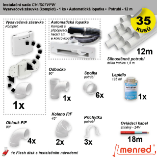 Instalační komplet rozvodů centrálního vysávání - zásuvka (1 ks), podlahová štěrbina (1 ks), potrubí (12 m), potrubní díly (35 dílů).