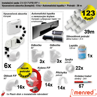Instalační komplet centrálního vysávání - zásuvka (6 ks), nerez. podlahová štěrbina (1 ks), podlahová štěrbina (1 ks), řezák potrubí(1 ks), potrubí (39 m), potrubní díly (123 dílů).