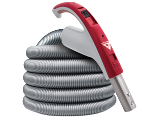 Sací hadice Cyclovac s vypínačem (OFF/ON) a ergonomickou rukojetí, délka 12,2 m (červená/stříbrná).