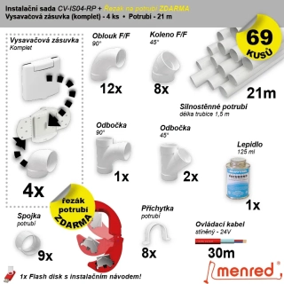 Instalační komplet centrálního vysávání - zásuvka (4 ks), potrubí (21 m), potrubní díly (69 dílů).