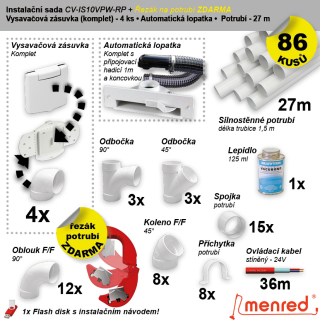 Instalační komplet centrálního vysávání - zásuvka (4 ks), podlahová štěrbina (1 ks), řezák potrubí(1 ks), potrubí (27 m), potrubní díly (86 dílů).